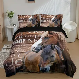 3-piece quilt cover set (1 * quilt cover + 2 * pillowcase, no quilt core pillow core), fashionable letter animal horse print, soft, comfortable and breathable quilt cover, suitable for bedrooms and guest rooms