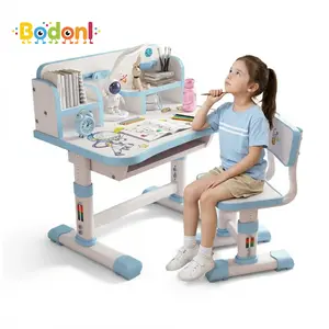 Kids Functional Desk and Chair Set, Height Adjustable Children School Study Table Chair Set with Cartoon Pattern, Ergonomic Desk Chair with Large Writing Board, Bookshelf and Book Bucket (Pink, Blue)