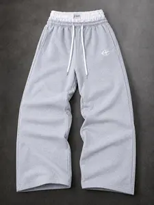 Mens Double Waistband Printed Wide Leg Sweatpants Baggy Drawstring Jogger Pants Streetwear Y2K Graphic Lounge Bottoms for Gym Travel Airport Outfit Weekend Wear Everyday Casual Mens Fashion Relaxed Fit Rotation Summer Street Style Loose Pants
