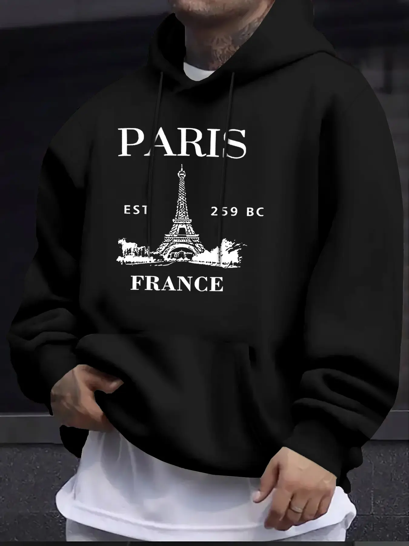 Men's Paris Eiffel Tower Letter Print Hoodie, Casual Long Sleeve Fleece Sweatshirt with Kangaroo Pocket, Drawstring Design, Fall & Winter