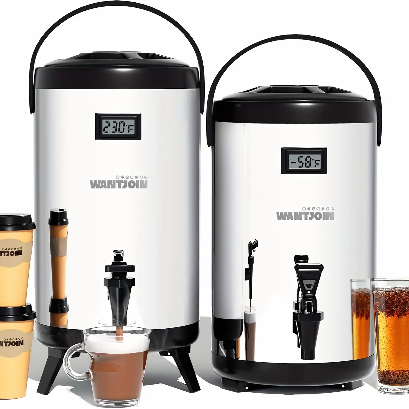 Wantjoin 1-Pack/2-Pack Insulated Beverage Dispenser - Thermal Hot And Cold Drink Dispenser, Stainless Steel 12L/3.2Gal Hot Drink Dispenser with Spigot for Hot Tea And Coffee, Cold Milk, Juice, Black