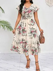 Women's V-Neck Ruffle Sleeve Midi Dress - Waist Cinched Casual Summer/Fall Party Dress