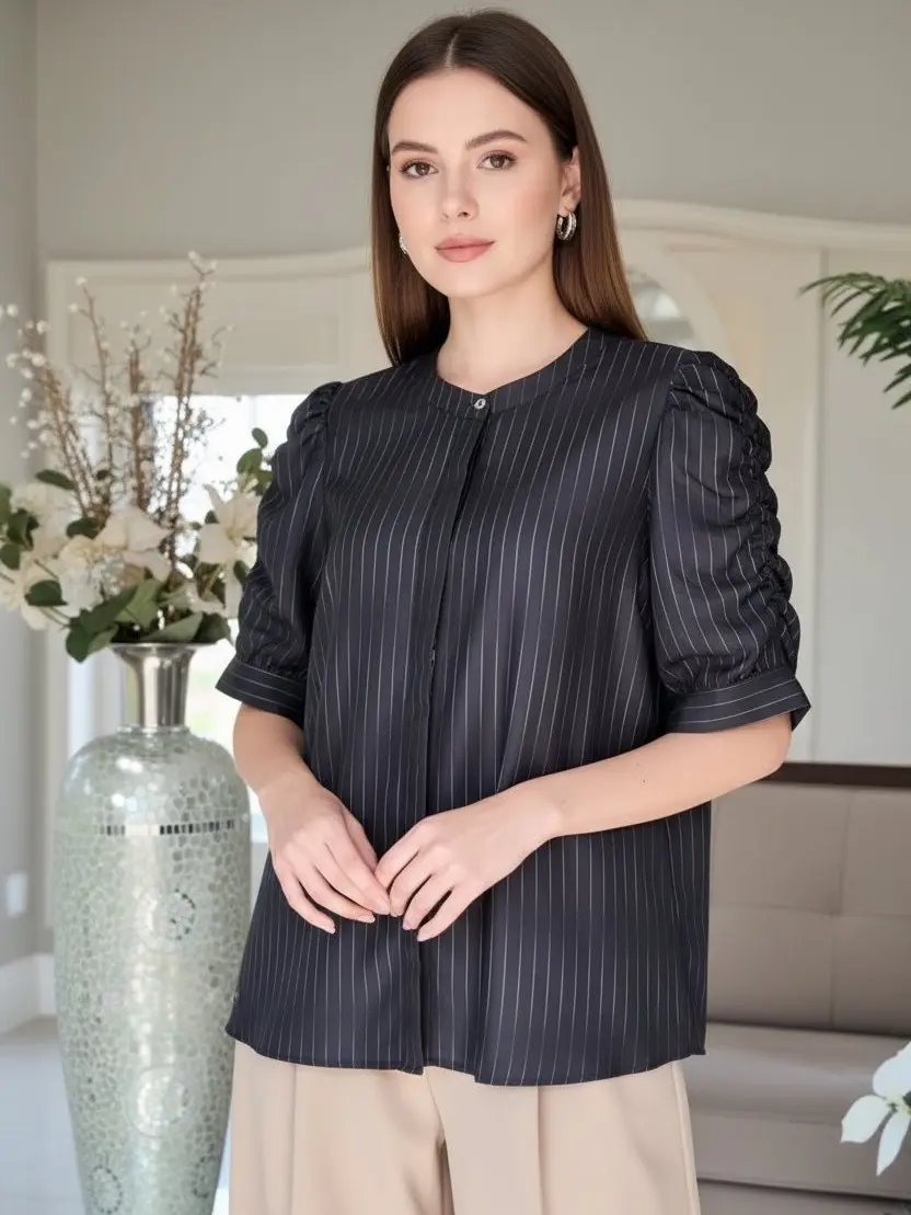Line Ziggy Top - Dark Lining 100% Polyester Short Sleeve Puff Sleeves Hidden Buttons Casual Professional Style Women's Blouse