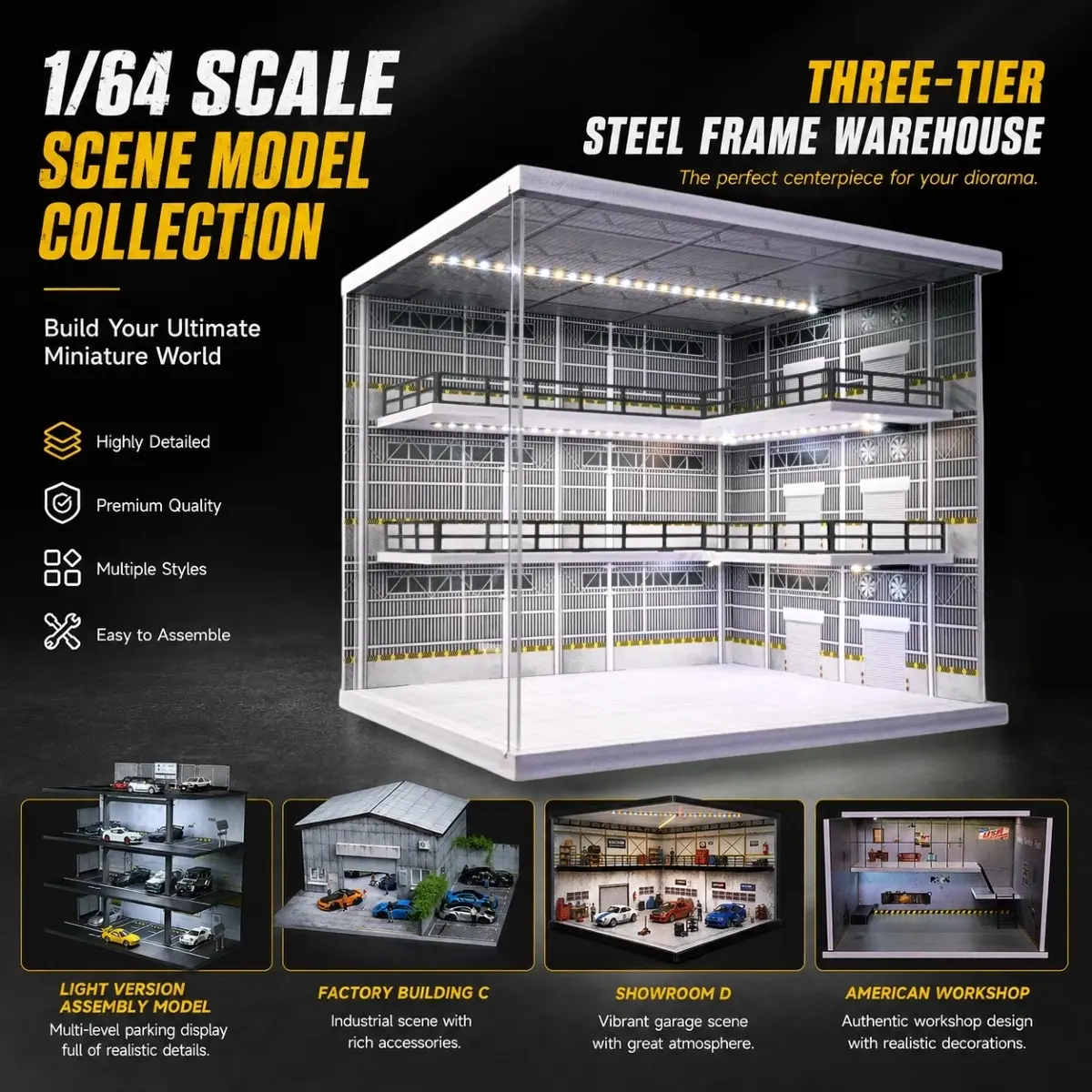Light-Up 3-Story Parking Lot Diorama Car Garage Model LED Lighting for 1:64 Diecast Cars | Multi-Level Display Case | Model Car Enthusiast's Miniature Building Scene Collection Set Gift