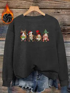 Women's Christmas Hamster Print Sweater, Long Sleeve Round Neck Pullover, Soft Elastic Fabric, Casual Fall & Winter Top
