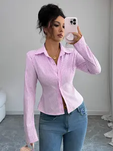 2025 Fall Winter Women’s Striped Button-Down Shirt, Long Sleeve, Simple Casual European and American Style