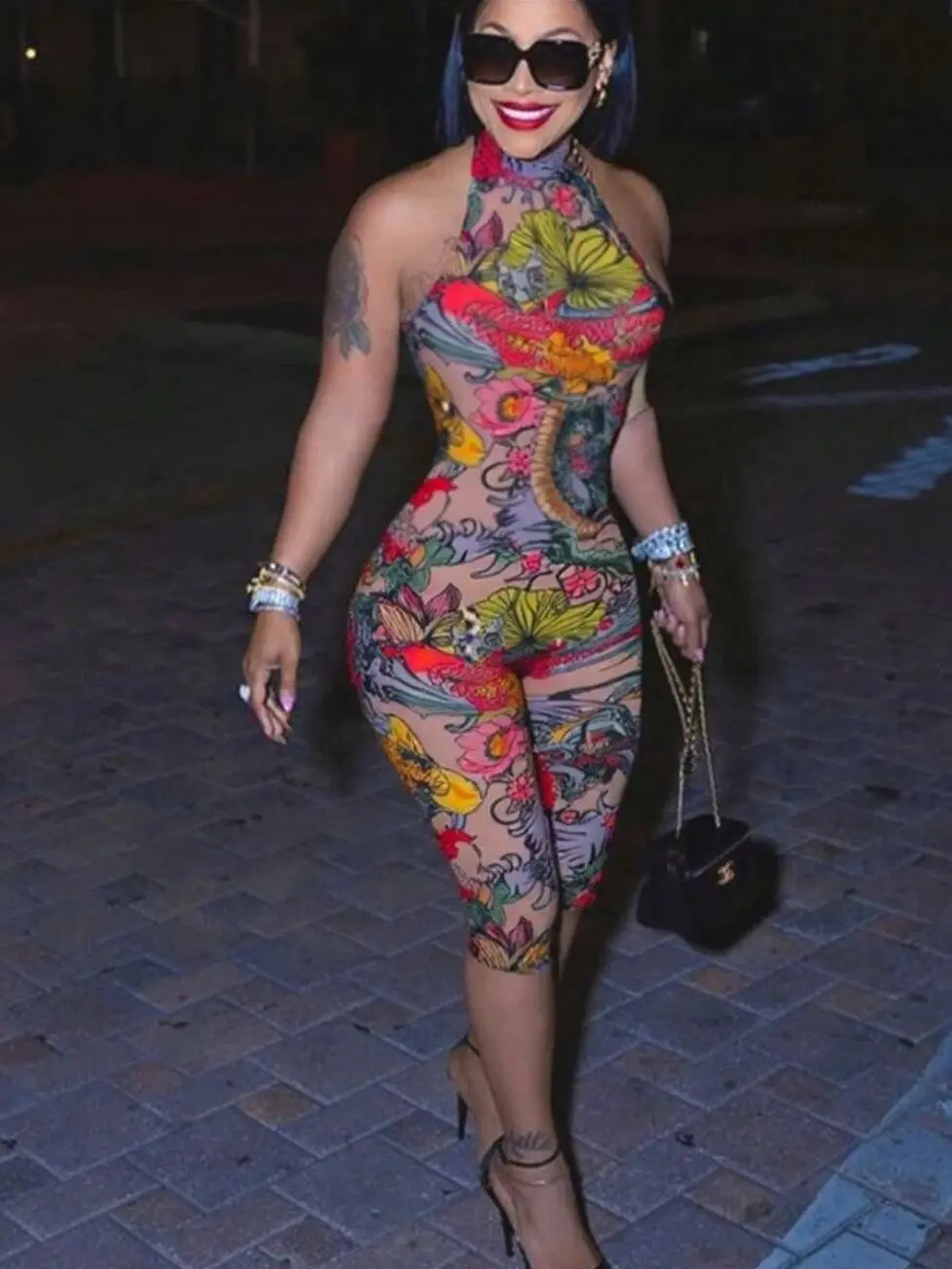 Women’s Floral Print Jumpsuit – Sleeveless Slim Fit Stretchy One Piece Romper