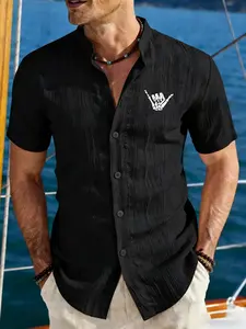 Men's Punk Rock Gothic Skull Hand Geometric Print Shirt, Lightweight Stand Collar Button-Up, Casual Summer Top