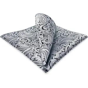 Mens Pocket Square Paisley White Black Elegant Large Party Woven