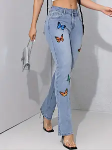 Women's Y2K Fashion Streetwear Style Colorful Butterfly Print Ripped Jeans, Button-Up Fly Design, Slim-Fitting & Drop Waist, Long Regular Fit Ootd