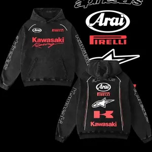Astars x Red Kawasaki  Racing Retro Acid Washed Hoodie Motor World Champion Enthusiast Apparel Streetwear Racing Team Super Motorsports Clothing Motobike Riders Supermotor Off-Road Dirt Bike Fan Gear Cotton For Motor Fan
