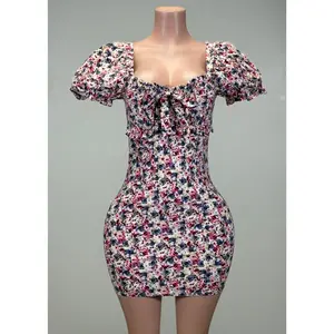 GARDENIA IVORY BLUE RUFFLED FLORAL BODYCON MINI DRESS