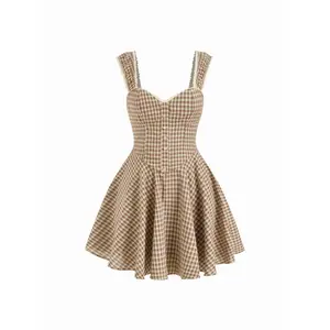 Cider Cotton-blend Gingham Sweetheart Neck Lace Panel Mini Dress