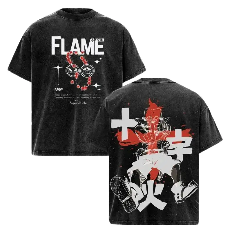 Men's Cotton Short-Sleeve Round Neck Streetwear T-Shirt - Shonen Spirit Flame Design, Unique Artwork, Bold Typography, Menswear Tops for Anime Fans