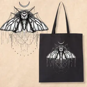 Dark Moth Gothic Tote Bag, Occult Aesthetic Canvas Bag, Witchy Black Shoulder Bag, Minimalist Horror Art Tote, Alternative Streetwear Cotton Everyday Carry Gift