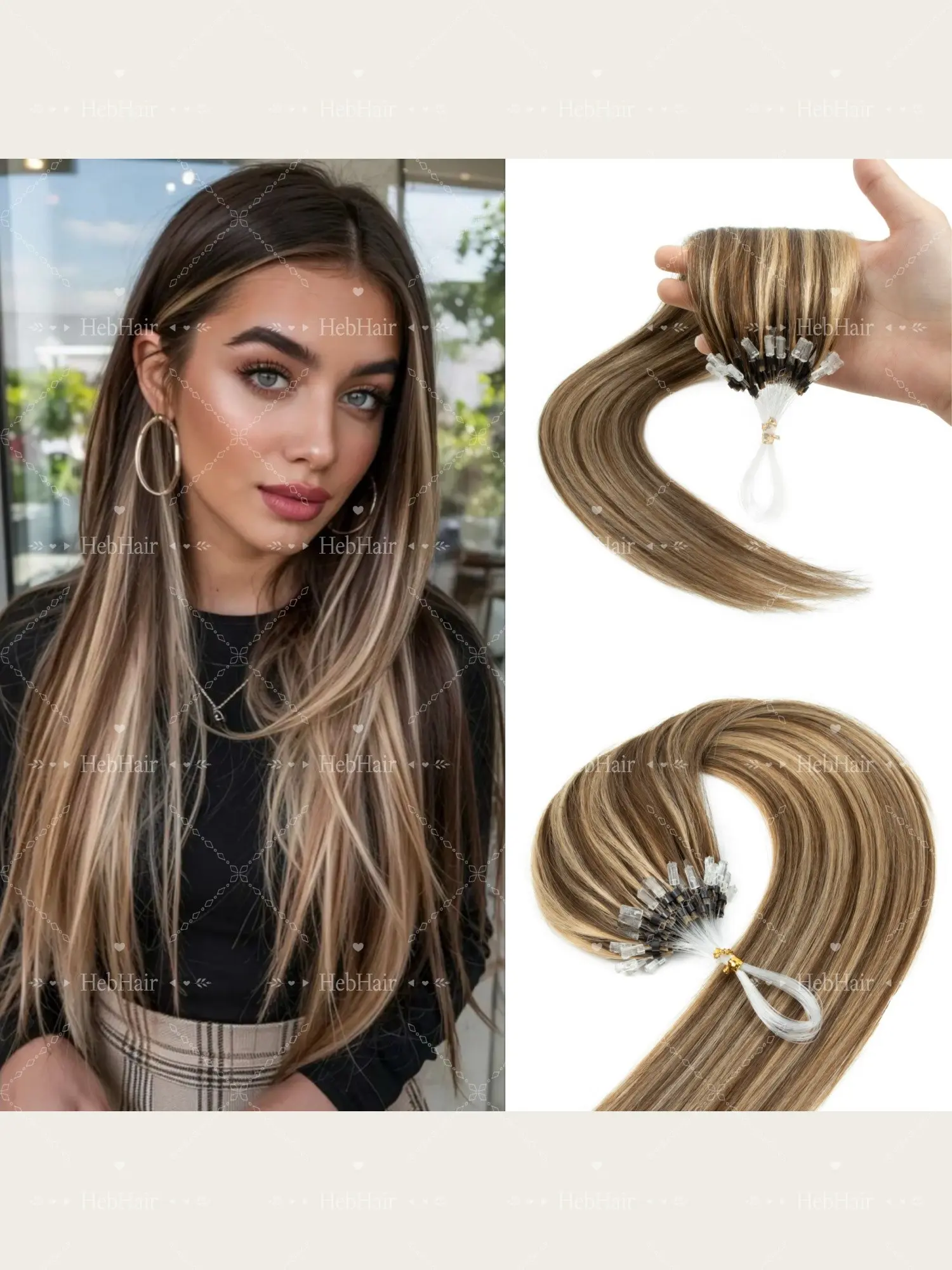 50pcs Micro Loop Ring Human Hair Extensions, Natural Blonde, 30.48cm-50.8cm,  No Glue,Enhance Volume & Length for Women, Thick Hair Extensions