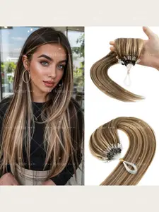 50pcs Micro Loop Ring Human Hair Extensions, Natural Blonde, 30.48cm-50.8cm,  No Glue,Enhance Volume & Length for Women, Thick Hair Extensions