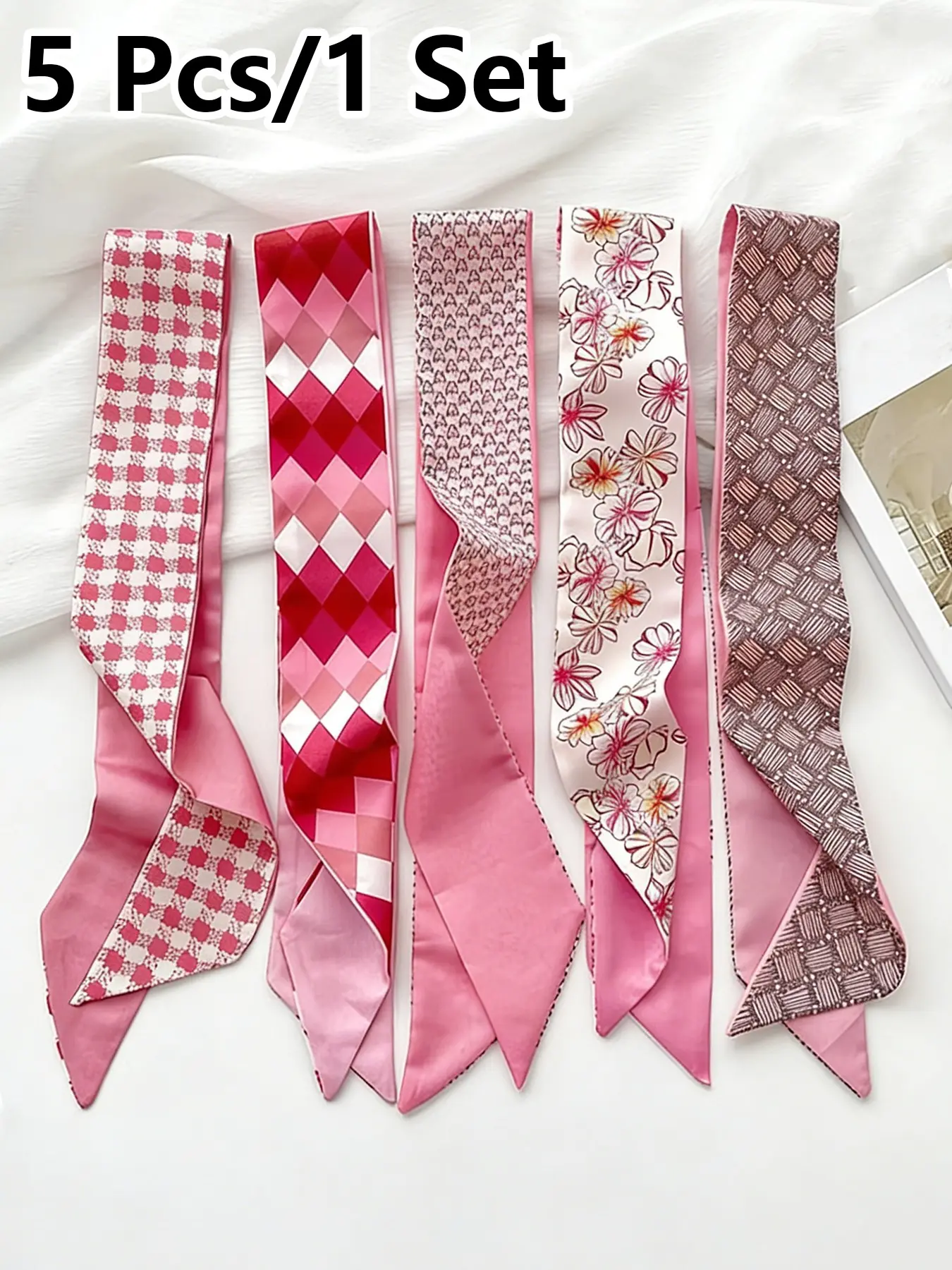 5 Pcs / 1 Set Elegant French Pink Floral Pattern Plaid Houndstooth Square Floral Print All Season Shawl Scarf Set, Women's Vintage Hairband, Multifunctional Wrap, Bag Accessory, Casual Style