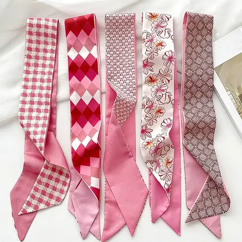 5 Pcs / 1 Set Elegant French Pink Floral Pattern Plaid Houndstooth Square Floral Print All Season Shawl Scarf Set, Scarf for Hair, Fashion Hair Scarves, Women's Vintage Hairband, Multifunctional Wrap, Bag Accessory, Casual Style