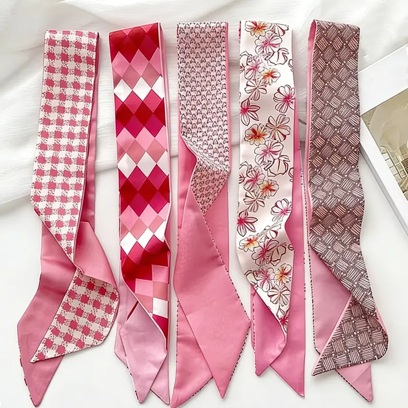 5 Pcs / 1 Set Elegant French Pink Floral Pattern Plaid Houndstooth Square Floral Print All Season Shawl Scarf Set, Scarf for Hair, Fashion Hair Scarves, Women's Vintage Hairband, Multifunctional Wrap, Bag Accessory, Casual Style