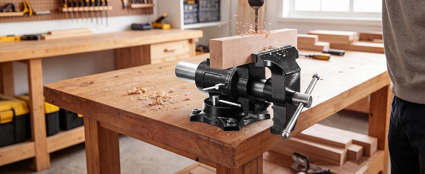 VEVOR Heavy Duty Multipurpose Ductile Iron Vise, Hardware Repair Tool with 5.5" Jaw Width, 5" Max Jaw Opening, 2.76" Throat Depth, 3.11"x2.56" Anvil, Lead Screw, 360° Swiveling Base & Locking Head, for Drilling, Pipe Cutting