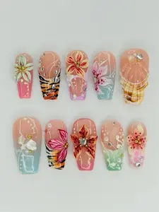 Tropical Floral 3D Press On Nails | Hibiscus Shell Design | Beach Vacation Statement Set