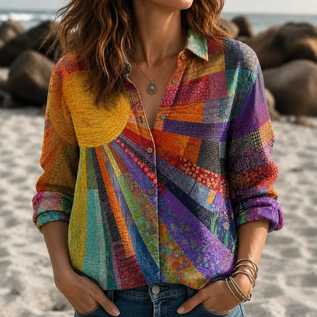 Look Sun Patchwork Shirt for Women, Boho Colorful Button Down Blouse, Artistic Hippie Top, Retro Sunburst Shirt