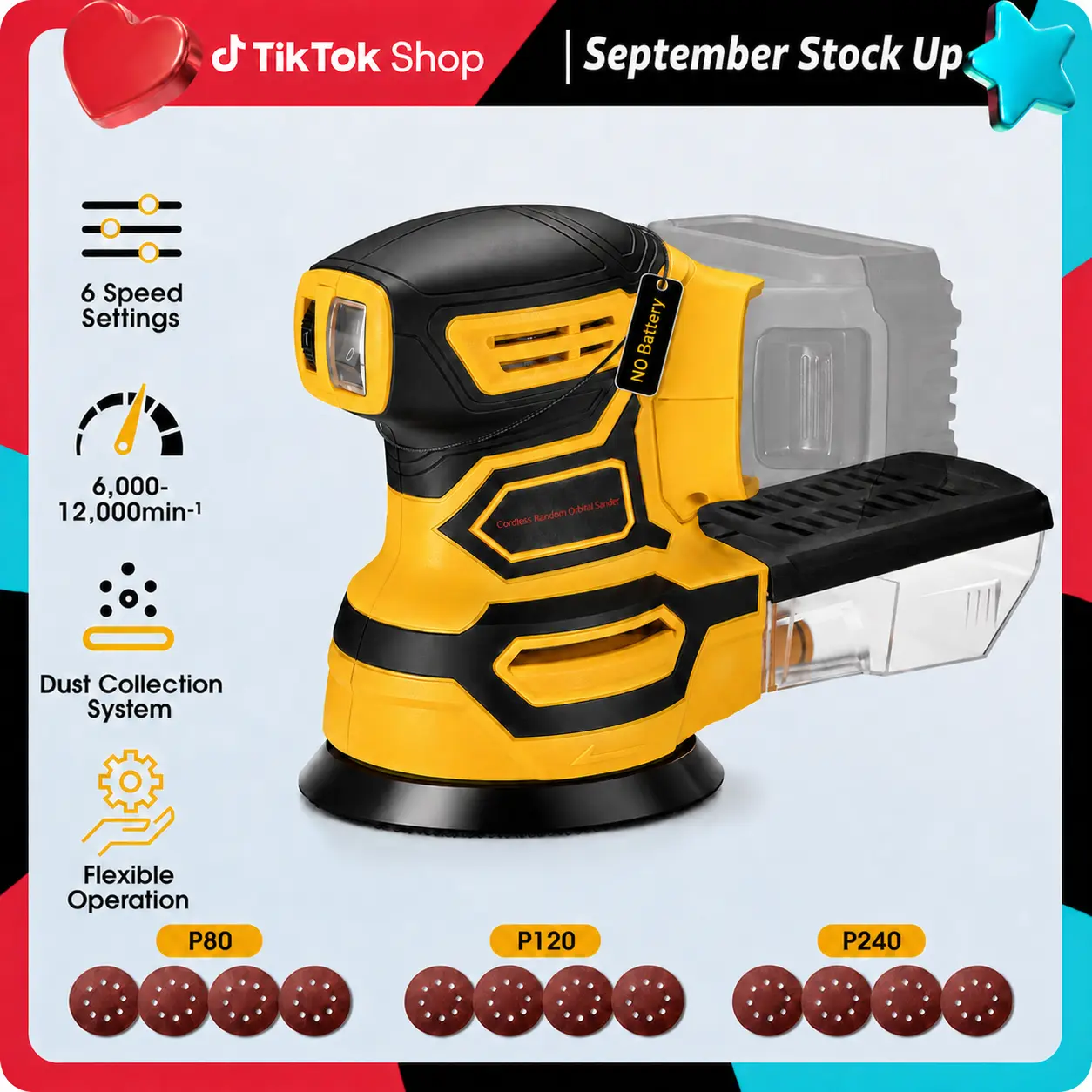 【No Battery】Cordless Random Orbital Sander, Brushless Electric Sander, 6-Speed (6000-12000 RPM), 5 inches Pad, Dust Collection, 12PCS Sandpapers (#80*4/#120*4/#240*4), Compatible with DEWALT 20V Battery for Wood, Metal Sanding & Paint Removal, Brushless M