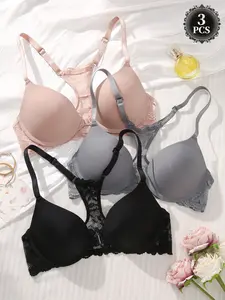 3PCS Lace Underwire Seamless Push-Up Bra,Deep V Front Buckle Add cup Lace Backless Comfortable Breathable Adjustable Straps, for Daily Wear Backless Dates