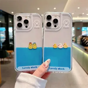 Floating Duck Liquid Case for iphone 16 14 15 Pro Max Shell Moving Decor Blue Water Hard Phone Cover Para Funda Clear Coque Capa