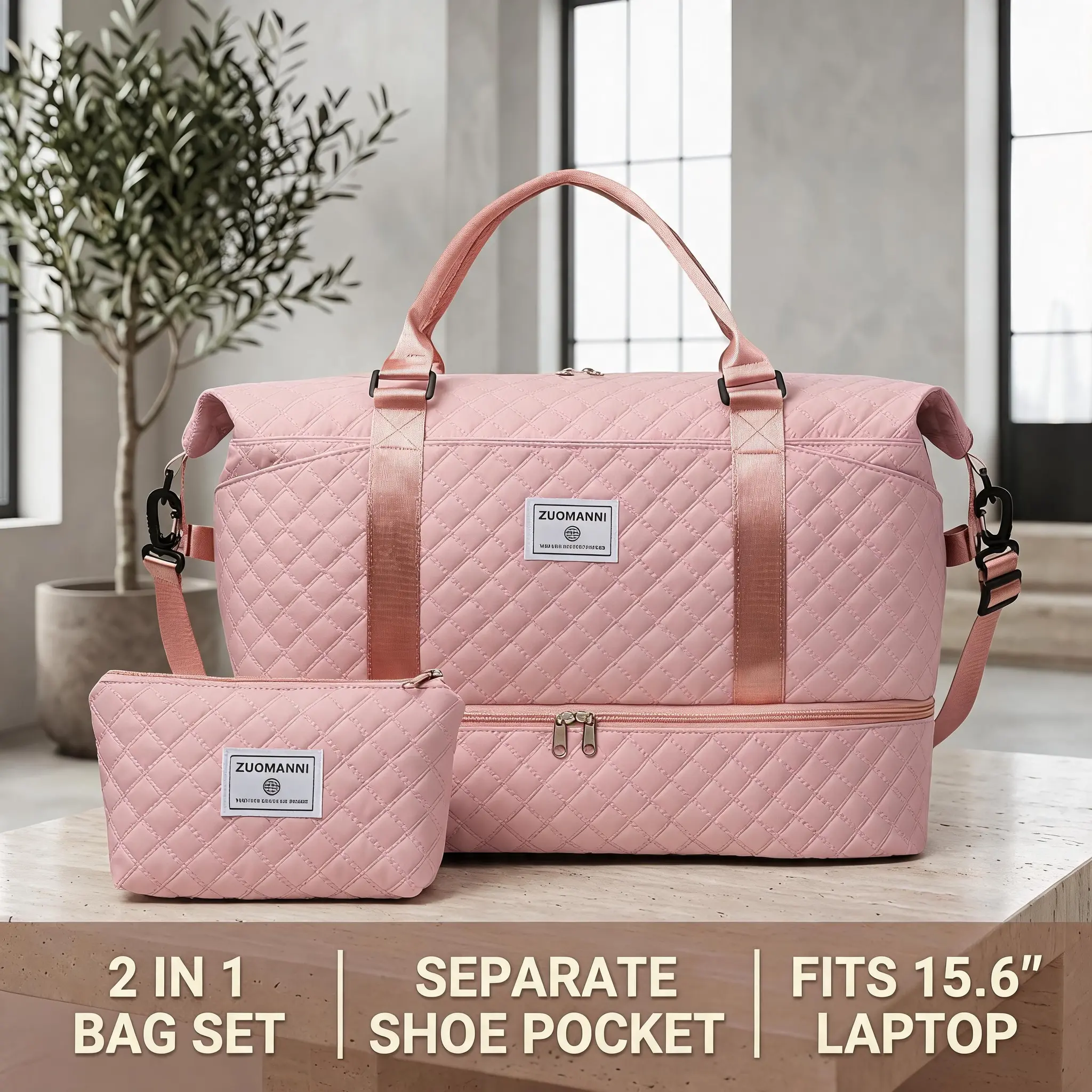 2PCS Travel Duffel Bag Set, Large Capacity Quilted Gym Bag with Shoe Compartment, Weekender Carry-On Bag for Travel, Fitness & Daily Use