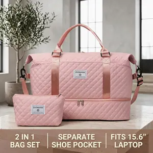 2PCS Travel Duffel Bag Set, Large Capacity Quilted Gym Bag with Shoe Compartment, Weekender Carry-On Bag for Travel, Fitness & Daily Use