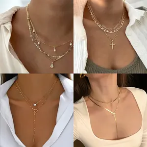 Layered Pearl Cross Necklace – Beaded Collarbone Chain, Everyday & Party Jewelry for Women