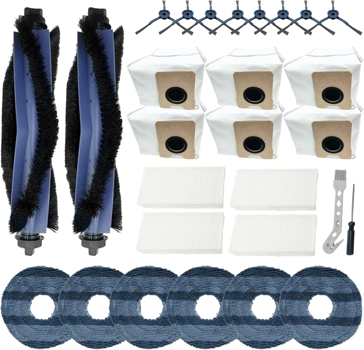 Comprehensive 28-Pack Replacement Parts & Accessories Kit for Eufy Omni C20 Vacuum Cleaner - 2 Main Roller Brushes, 4 HEPA Filters, 6 Mop Pads, 8 Side Brushes, 6 Dust Bags, 1 Cleaning Tool, 1 Screwdriver for Optimal Maintenance, Hepa Filter