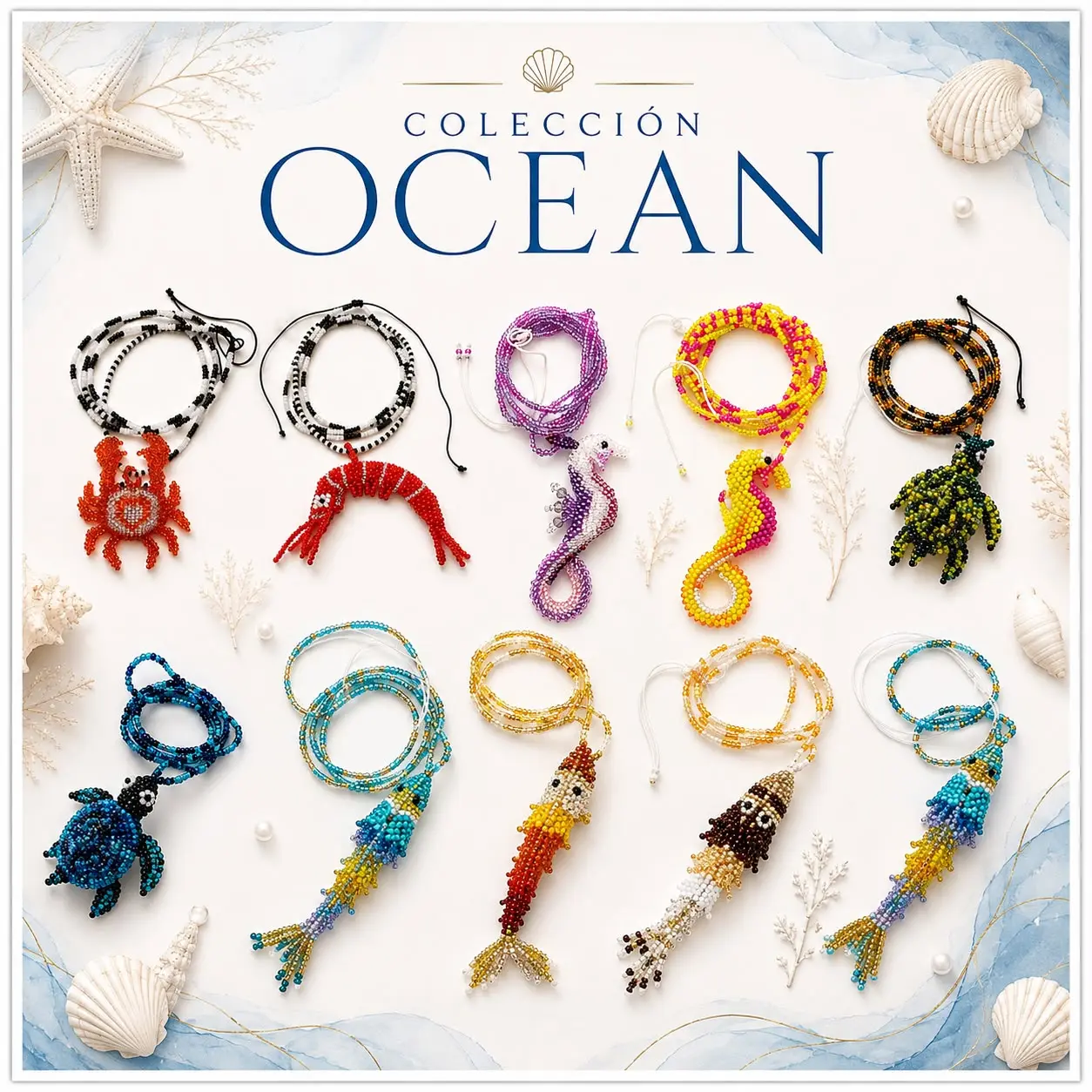 OCEAN NECKLACE COLLECTION, Collectible Bead Necklaces with Shrimp, Under the Sea Style, Fish Motif for Women's Costume Jewelry Accessories