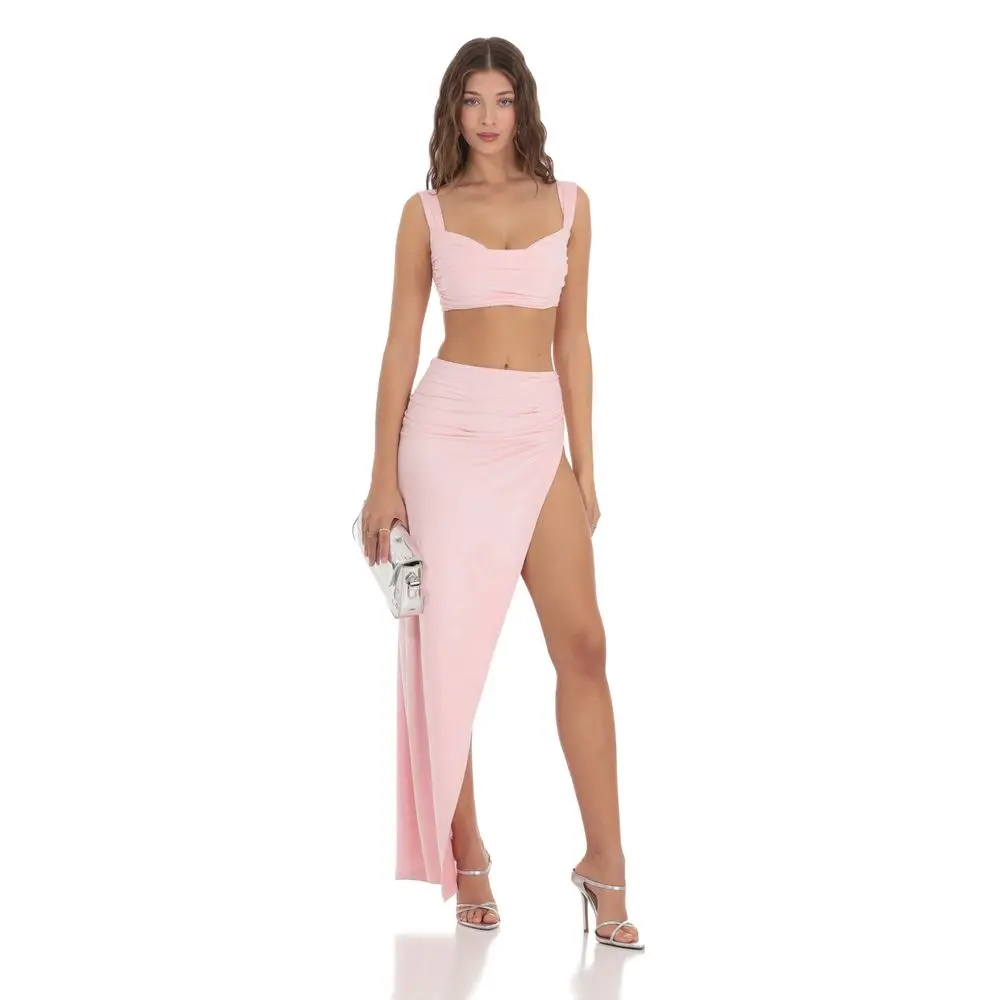 Suede Ruched Two Piece Set in Pink