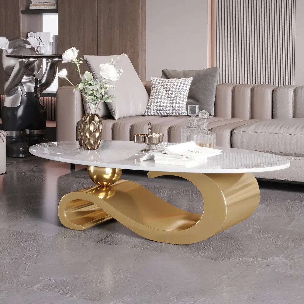 summerwins Modern Gold and Silver Metal Coffee Table - Stainless Steel Frame, Faux Marble Finish, Scratch-Resistant, Durable, Easy-to-Clean, Quick Setup Living Room Table, Living Room Tables, Modern Coffee Table
