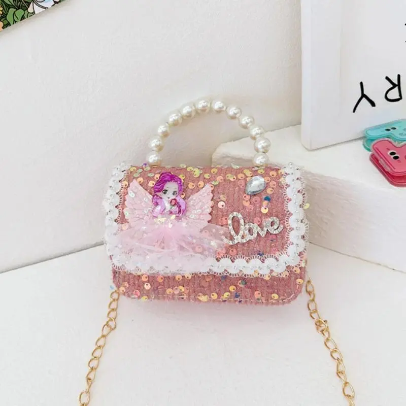 Cute Handbag for Girls & Toddlers, Sequin Lace Square Micro Bag with Pearl Handle & Adjustable Chain Strap, Messenger Bags, Toddlers Wear, Synthetic, Adjustable Strap, Childrens Bag, Sweet Handbag