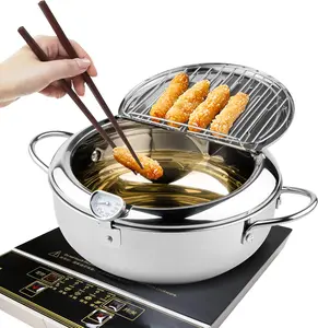 Deep Fryer Pot, 1 Count Japanese Style Tempura Frying Pot with Lid, 304 Stainless Steel with Temperature Control and Oil Drip Drainer Rack for Kitchen French Fries, Temperature Control and Oil Drip Drainer Rack, for Kitchen French Fries, Cookware