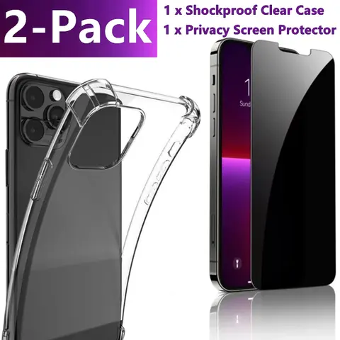 Clear Shockproof Case & Privacy Screen Protector for iPhone 16 15 14 13 12 11 Pro Max XR Xs Max 8 7 6