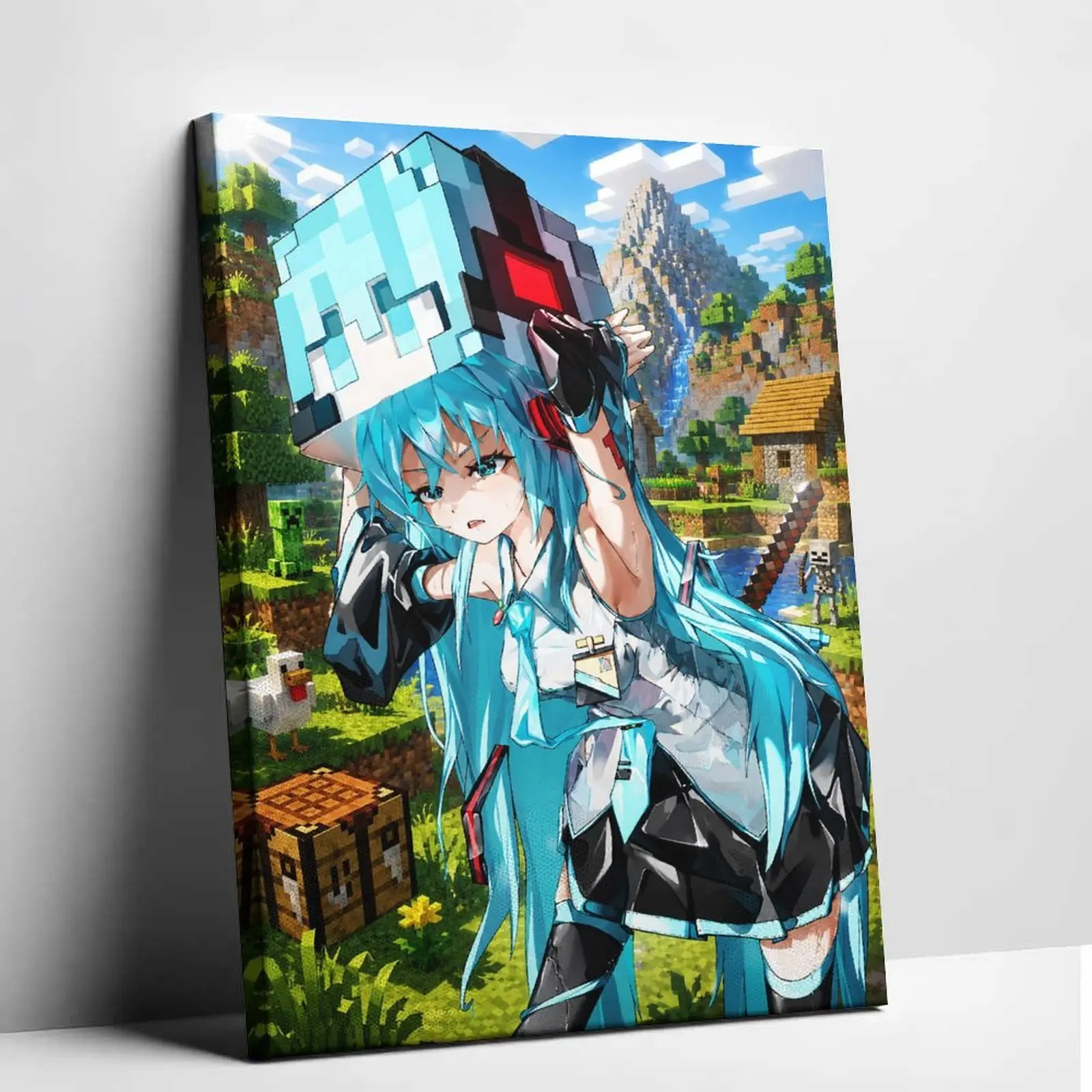 Hatsune Miku Minecraft Canvas Wall Art – Anime Virtual Singer in Block World, Creeper Village Gaming Poster for Bedroom, Game Room & Gamer Gift
