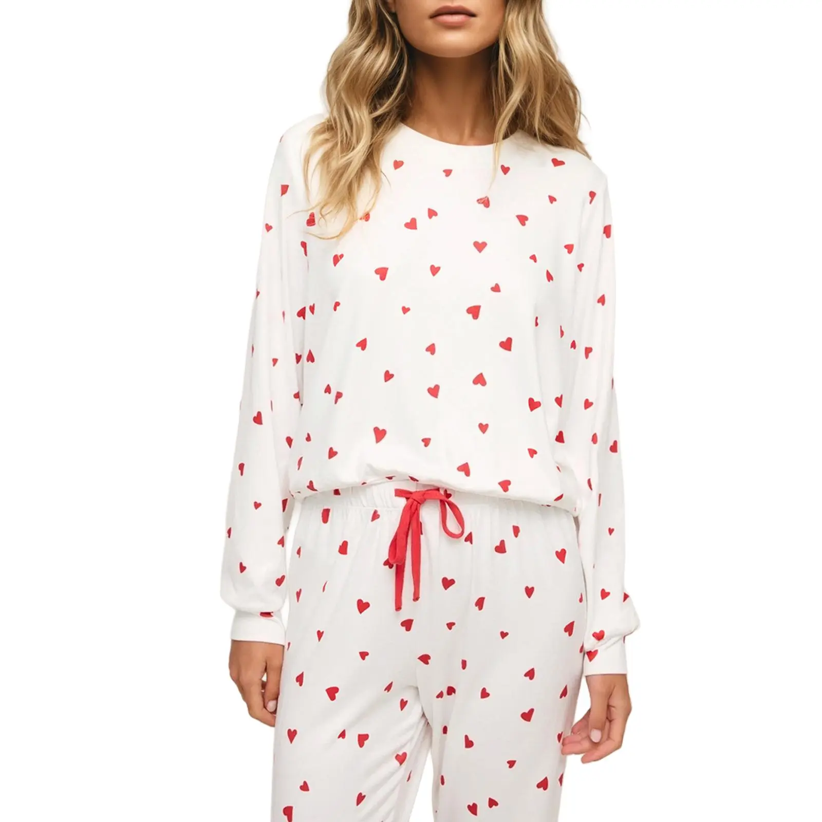 Asvivid Women's Tiny Hearts Printed Long Sleeve Top & Drawstring Lounge Pant Set for All Seasons Cozy Loungewear Valentine's Day Outfits Pajama Fabric