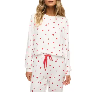Asvivid Women's Tiny Hearts Printed Long Sleeve Top & Drawstring Lounge Pant Set for All Seasons Cozy Loungewear Valentine's Day Outfits