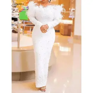 YEARN DANCERE YEARN DANCERE beading party dress for women sexy off shoulder long sleeve elegant bodycon formal event evening wedding robeSFTQ