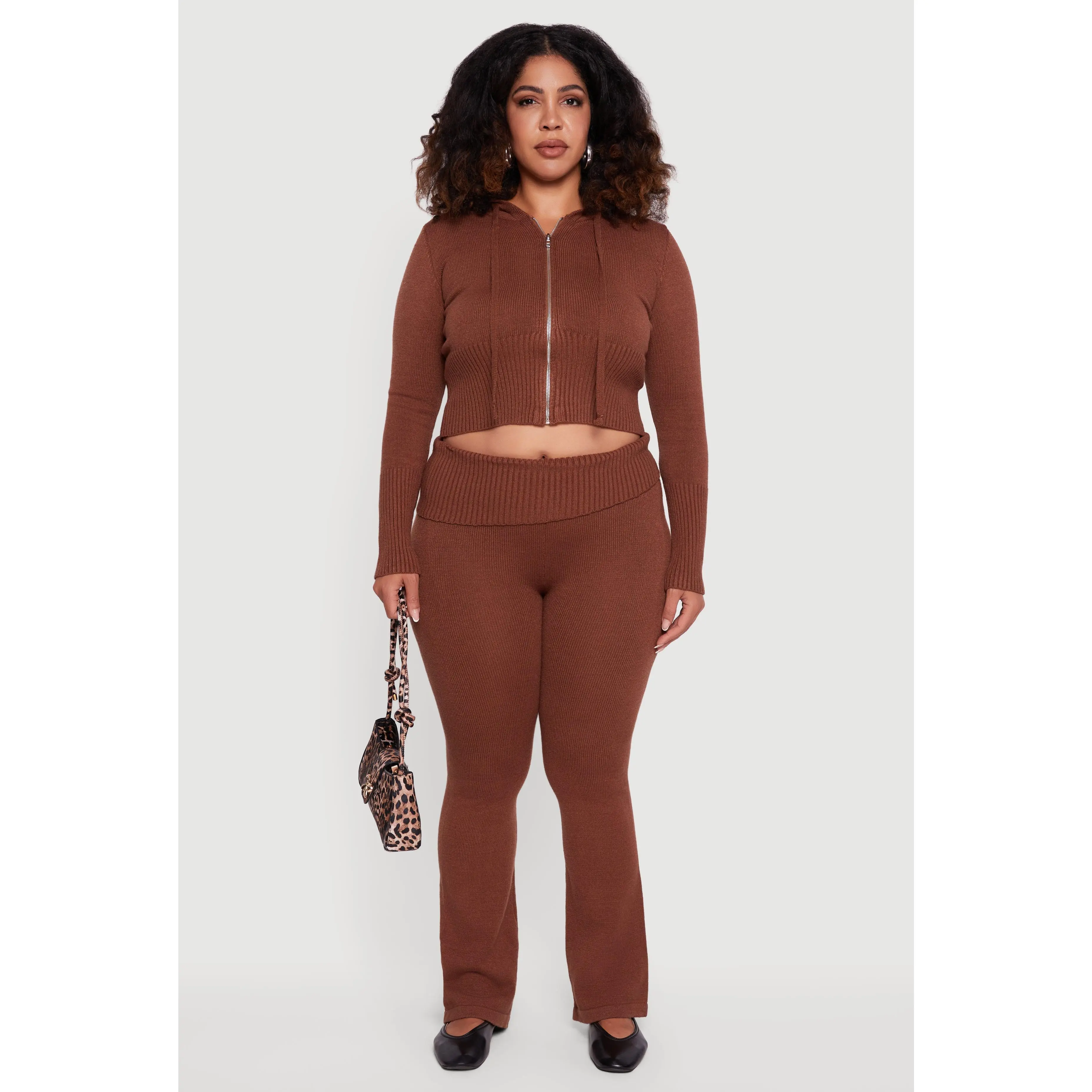 Plus Size Ribbed Knit Fold Over Flare Pants