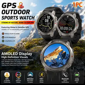5ATM water-resistant, 1.43-inch full-touchscreen AMOLED, low power consumption, long battery life, offline maps, multiple languages, compass, wireless voice assistant, music control, perfect for outdoor sports smartwatch