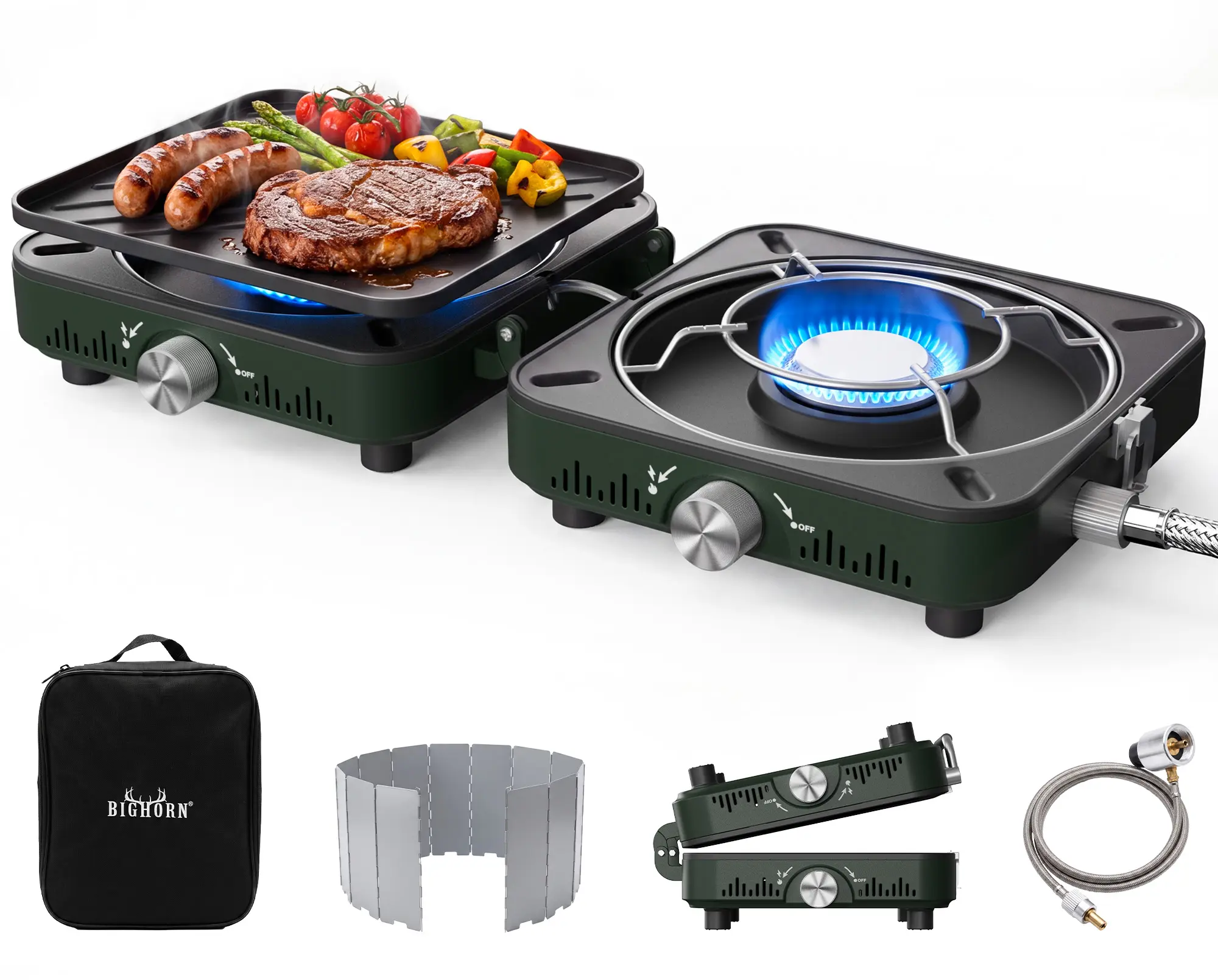 BIG HORN OUTDOORS 2 Burner Propane Camping Stove, Portable Camp Stove, Folding Gas Stove, Includes Frying Pan & Carry Bag for Camping, Emergency Use and Outdoor Cooking