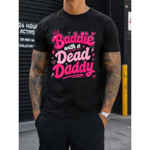 Baddie with a Dead Daddy T-Shirts, Edgy Sarcastic Tee, Bold Pink Crown Stars Heart Lightning Graphic Design, Unique Statement Top