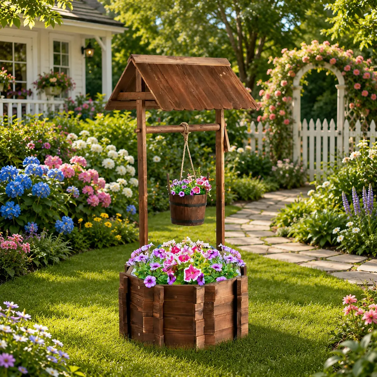 Wooden Wishing Well Flower Planter, Outdoor Garden Decor, Rustic Patio Planter Box, Solid Fir Wood Plant Display