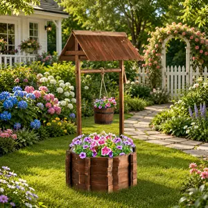 Wooden Wishing Well Flower Planter, Outdoor Garden Decor, Rustic Patio Planter Box, Solid Fir Wood Plant Display